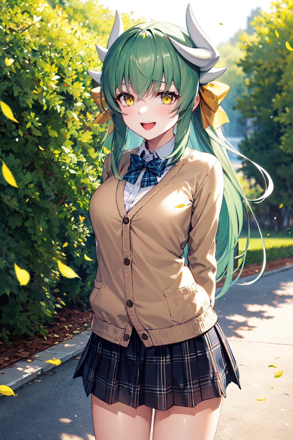 masterpiece, best quality, highres, aakiyo, long hair, green hair, white horns, hair bow, yellow bow, yellow eyes, <lora:kiyohime_(lancer)_v1:0.7>, cardigan, plaid skirt, arms behind back, smile, open mouth, petals, outdoors