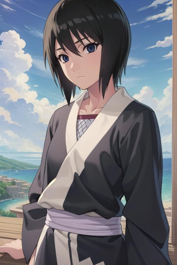 kunoichishizune, <lora:kunoichi shizune-lora-nochekaiser:1>,shizune, short hair, black hair, (black eyes:1.3),BREAK long sleeves, collarbone, japanese clothes, fishnets,BREAK outdoors, forest, nature, trees, grass, sky, clouds, sun,BREAK looking at viewer, (cowboy shot:1.5),BREAK <lyco:GoodHands-beta2:1>, (masterpiece:1.2), best quality, high resolution, unity 8k wallpaper, (illustration:0.8), (beautiful detailed eyes:1.6), extremely detailed face, perfect lighting, extremely detailed CG, (perfect hands, perfect anatomy),