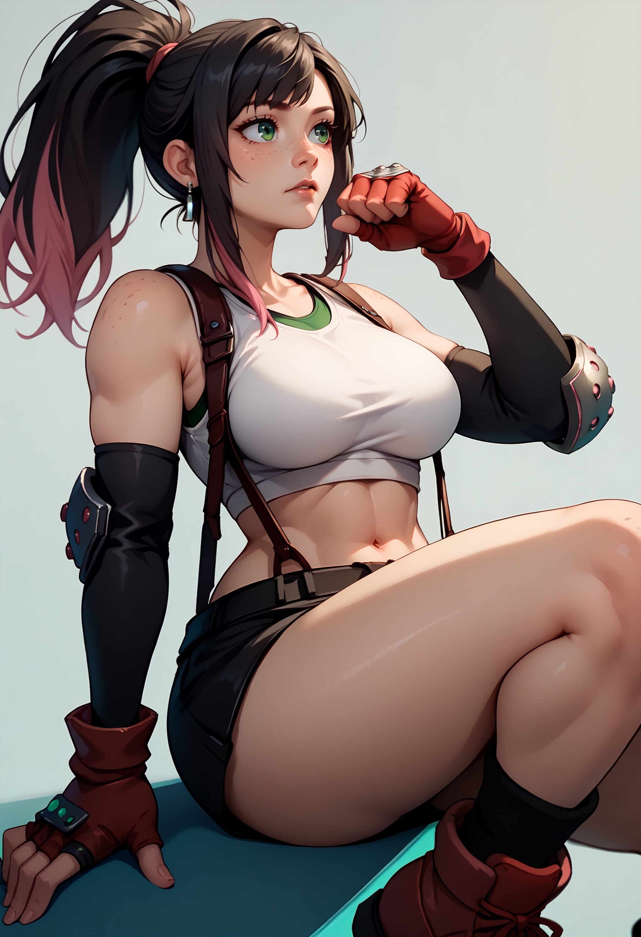 score_9, score_8_up, score_7_up BREAK solo, 1girl, black hair, pink dyed hair, bangs, ponytail, green eyes, freckles, large breasts, earrings, white sports bra, black suspenders, black miniskirt, thick thighs, arm warmers, black elbow gloves, elbow pads, red gloves, red footwear <lora:tifa-pdxl-nvwls-v1:1>