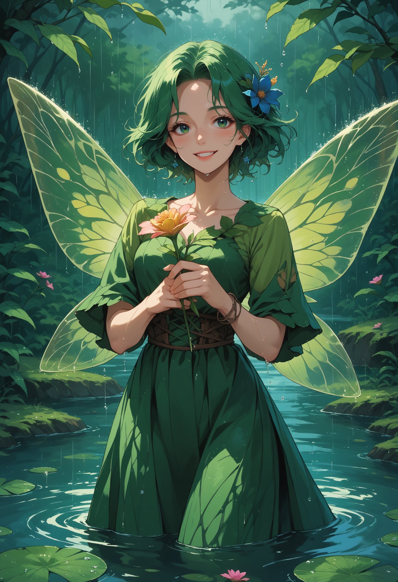 score_9, score_8_up, score_7_up, source_anime, solo, female, fairy, nature, water, happy, holding flower, large wings, water dripping, raining, 