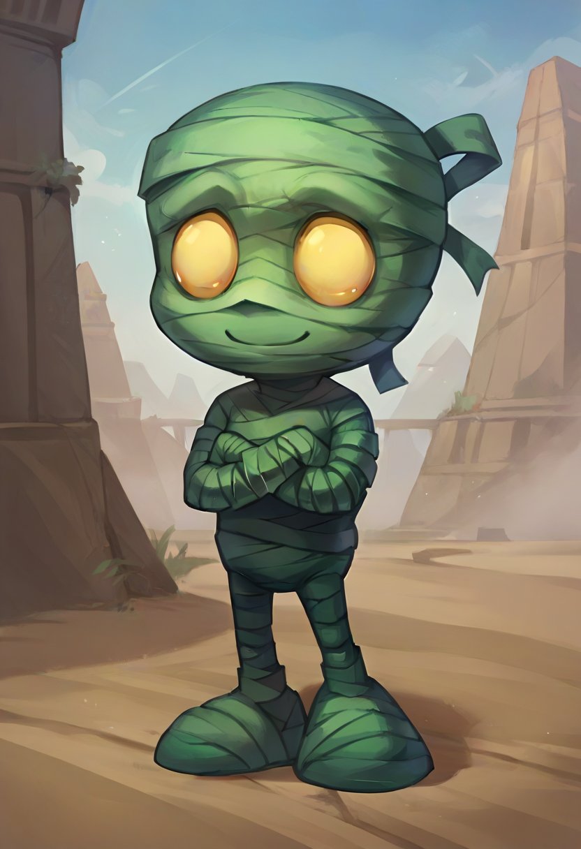 score_9, score_8_up, score_7_up, score_6_up, 4mumu, mummy, 1boy, male focus, yellow eyes, bandages, full body, <lora:Amumu_Default_v1:0.7>, standing, smile, arms crossed, solo, looking at viewer