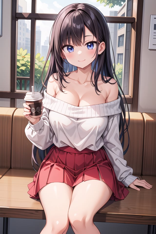 insanely detailed, absurdres, ultra-highres, ultra-detailed, best quality,1girl, solo, nice hands, perfect hands,BREAKwearing sweater, off shoulder sweater, one piece sweater, sweater with long sleeves, bare shoulder, collarbone, red skirtBREAKhappy smile, laugh, closed mouth,sitting, holding coffee cup,from below, cowboy shot, looking at viewerBREAKslender, kawaii, perfect symmetrical face, ultra cute girl, ultra cute face, ultra detailed eyes, ultra detailed hair, ultra cute, ultra beautiful,BREAKindoors, in coffee shopBREAKlarge breasts, black hair, long hair, black eyes