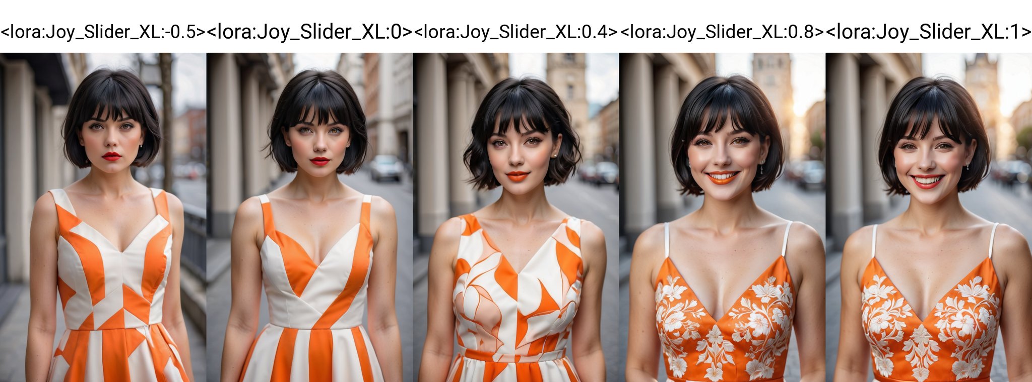 (best quality,4k,8k,highres,masterpiece:1.2),ultra-detailed,(realistic,photorealistic,photo-realistic:1.37), 1girl, solo, looking at viewer, short hair, large breasts, bangs, black hair, orange dress, parted lips, (orange and white dress:1.2), professional photography, portrait <lora:Joy_Slider_XL:-0.5>