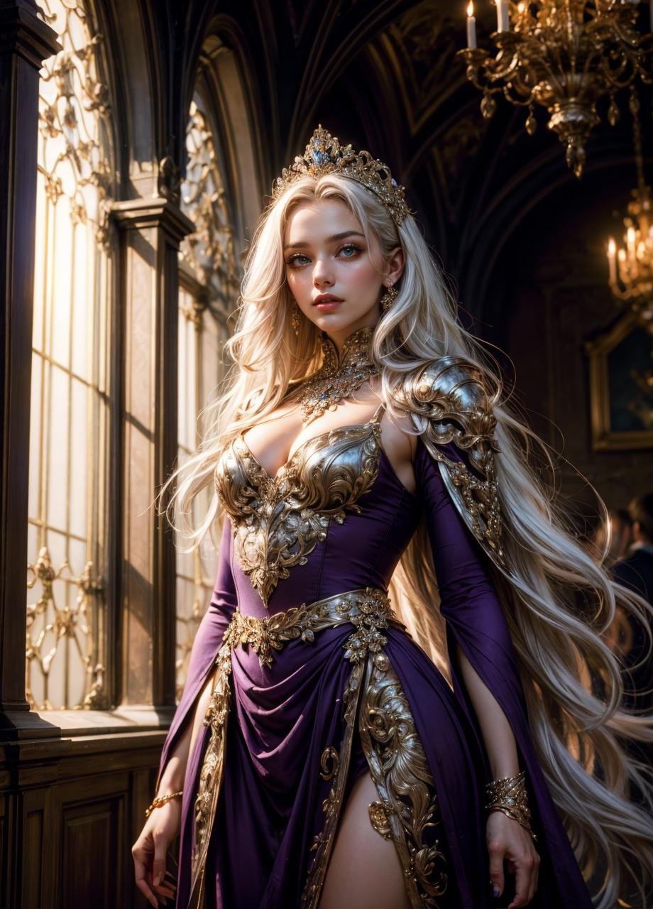 masterpiece, best quality, best quality, Create a beautiful art piece featuring a princess, hyper detailed, ultra realistic, depth of field, (1women), almost white hair, very long hair, (purple eyes), beautiful, danity, modest, detailed green dress with jewls, looking at viewer, medieval, dark fantasy, decoration light through windows, dramatic shadow, phenomenal aesthetic, sumptuous artwork