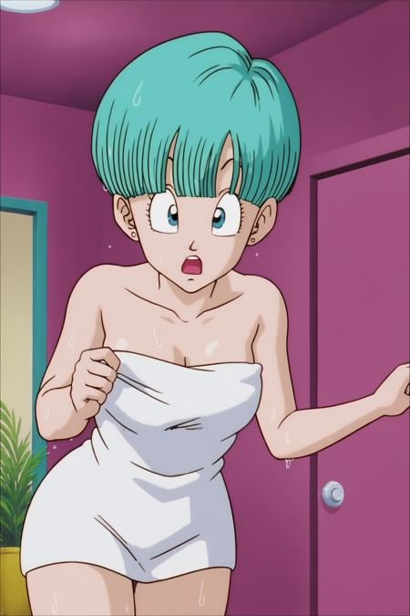 source_anime, score_9, score_8_up, score_7_up, anime screencap,buu saga, aqua hair, very short hair, bowl cut, blue eyes, wearing bath towel, wet hair, shocked, open mouth, indoors, door, dark room, wet skin,  <lora:bulma_Z_pony_v1:0.8>