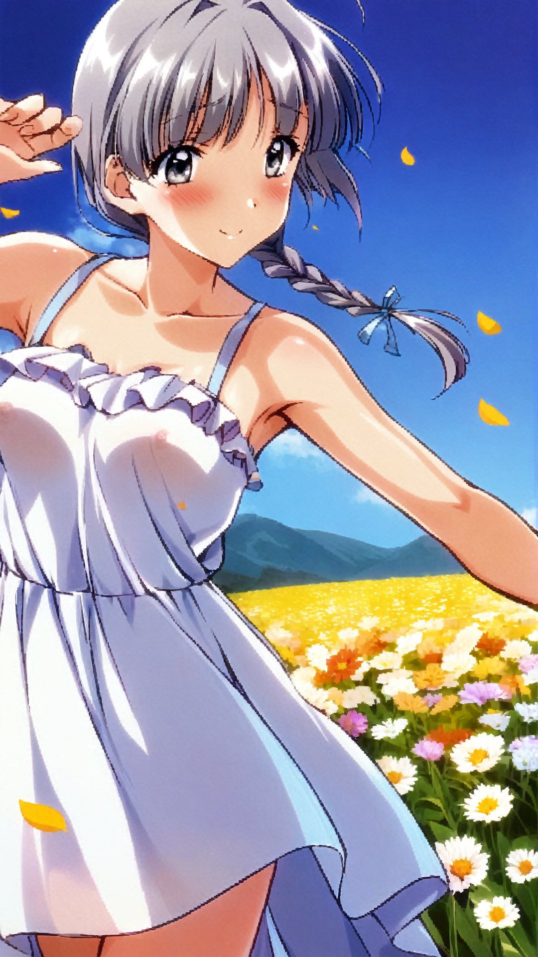 Sugihara Manami, Grey Hair, Tiny Braid, Twin Braids, Grey Eyes,summer dress, (nsfw), (uncensored), (score_9), score_8_up, score_7_up, score_6_up, score_5_up, source_anime, cowboy shot, dynamic pose, 1 girl, solo, happy smile joy, blush, ashamed, shy, sexy, charming, alluring, seductive, enchanting, erotic,((outdoors)), ((flower garden)), ((flowers)), ((many flowers)), spring petals, petals of flowers, spring, falling petals, flying butterflies<lora:EMS-381990-EMS:0.800000>