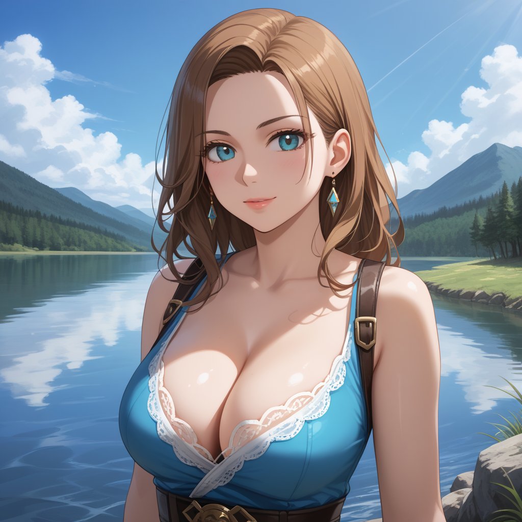 (,1girl, ,best quality, ),,  ,ultra detailed 8k cg,   ,masterpiece, (( , )) , lake,upper body,   (cleavage),,  (),