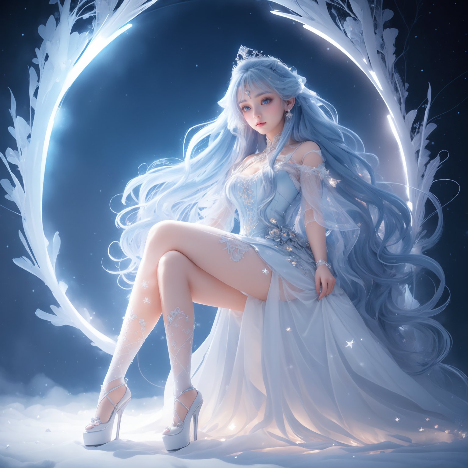 (Masterpiece:1.2),best quality,(night sky, wery long blue hair:1.2),(illustration:1.2),beautiful scenery,scared,(Masterfully crafted Glow, lens flare),(ultra-detailed),hyper details,(delicate detailed),(intricate details),(cinematic light, best quality Backlights),clear line,new world,viewer,solo female,perfect body,(1female),(Bright bioluminescent hair hair, bright glowing eyes),(Dynamic:1.3),((makeup)),high contrast,(best illumination, an extremely delicate and beautiful),((cinematic moonlight)),colourful,((Photoshop Pastel Painting:1.1)),ethereal,(Cinematic masterpiece),suspense,splashes of colour,absolutely eye-catching,((caustic)),dynamic angle,beautiful (detailed glow),(eerie),(Intricate Detailed Cinematic Scenery Behind:1.2),ambient occlusion,(ambient moonlight),ray-traced reflections,intricately detailed visible background,night snow storm,stars,very long curly white hair,ice queen,white and light blue gothic royal dress with embroidery,long embroidered stockings,crystals and pearls,big halo shaped crown,ice crystals around,snow storm,mature woman,1girl,yellow_footwear,high_heels,