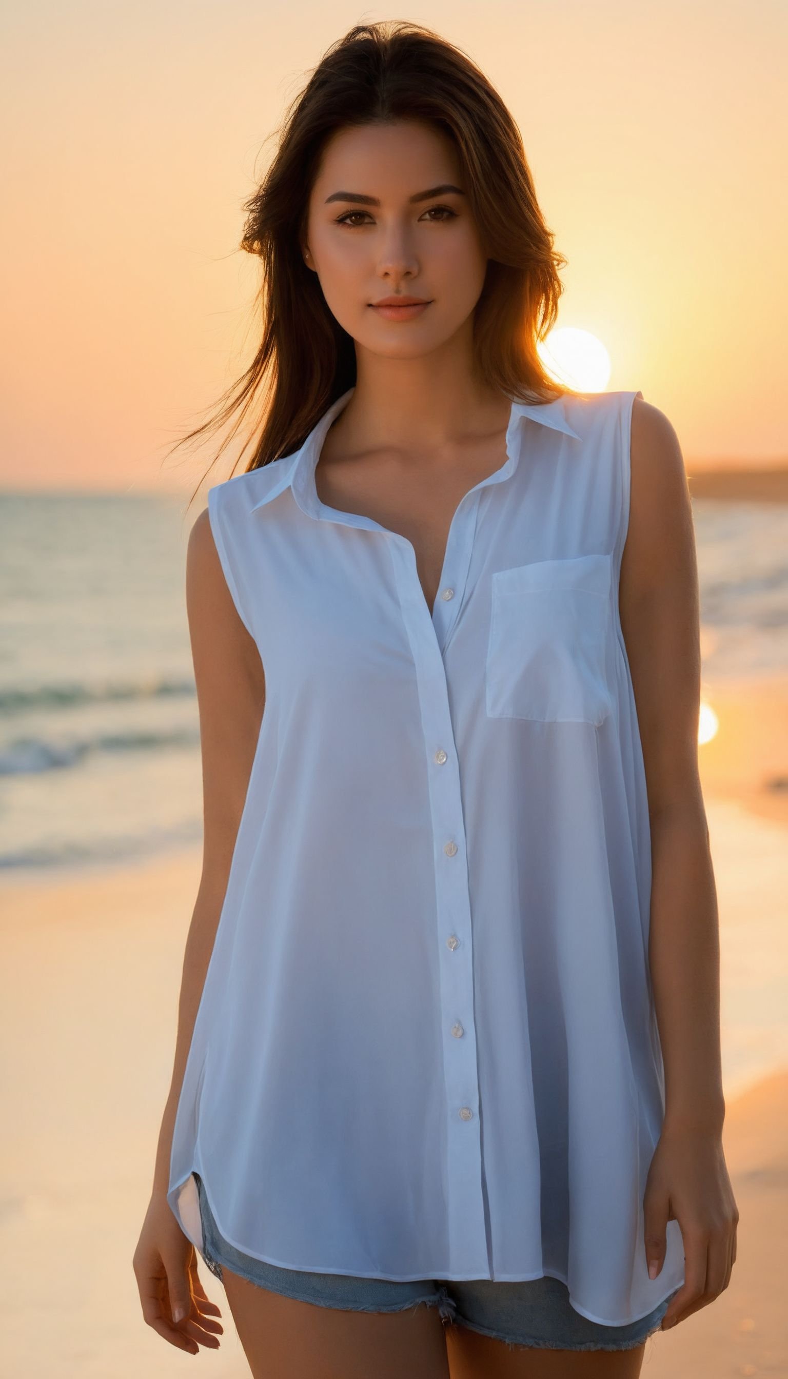 1girl, sleeveless, oversize shirts, outdoors, Sunset over a tranquil beach, Depth of field, shy, upper body, 