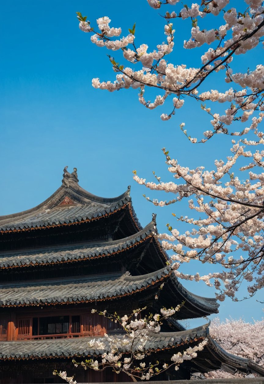 sky,blue sky,outdoors,architecture,no humans,tree,scenery,day,east asian architecture,cherry blossoms,building,<lora:aki-XL:1>,