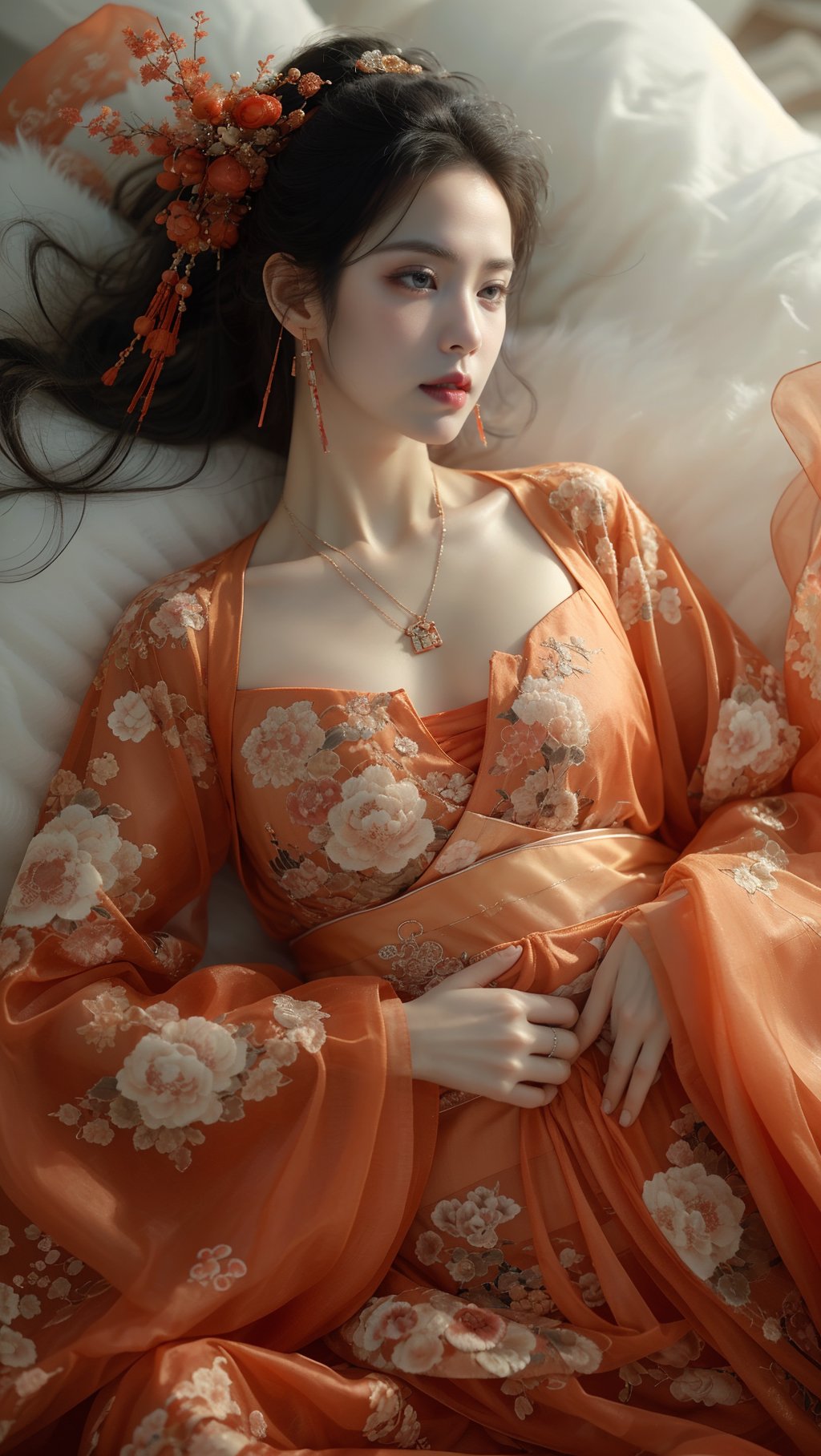 sdmai, wonv, 1girl, jewelry, solo, long hair, hair ornament, black hair, earrings, lying, on back, hanfu, realistic, necklace, chinese clothes, red lips <lora:SDMAI卧女wonv:0.6> 