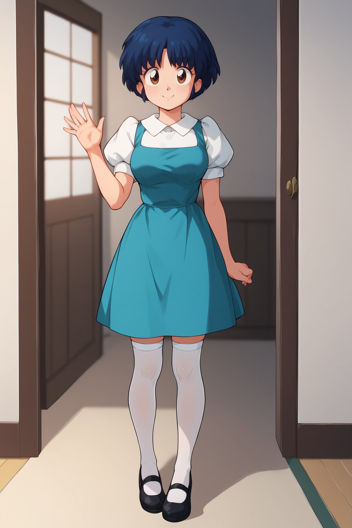 score_9, score_8_up, score_7_up, score_6_up, score_5_up, score_4_up, AkaneTendouRXL, 18years, big eyes, brown eyes, dark blue hair, short hair, bangs, medium breasts, shirt collar, white shirt, blue dress, short sleeves, puffy sleeves, white stockings, black shoes, solo, full body, standing, waving, seductive smile, looking at viewer, indoors <lora:AkaneTendouRXL:1>