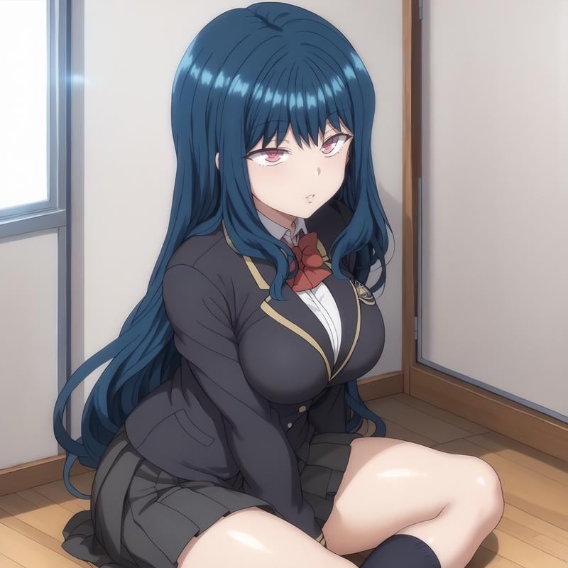 <lora:YuuNozakiXLpony001>,parted lips,solo,YuuNozaki,1girl,blue hair,long hair,pink eyes,large breasts,school_uniform,black blazer,red bowtie,pleated_skirt,black skirt,black socks,