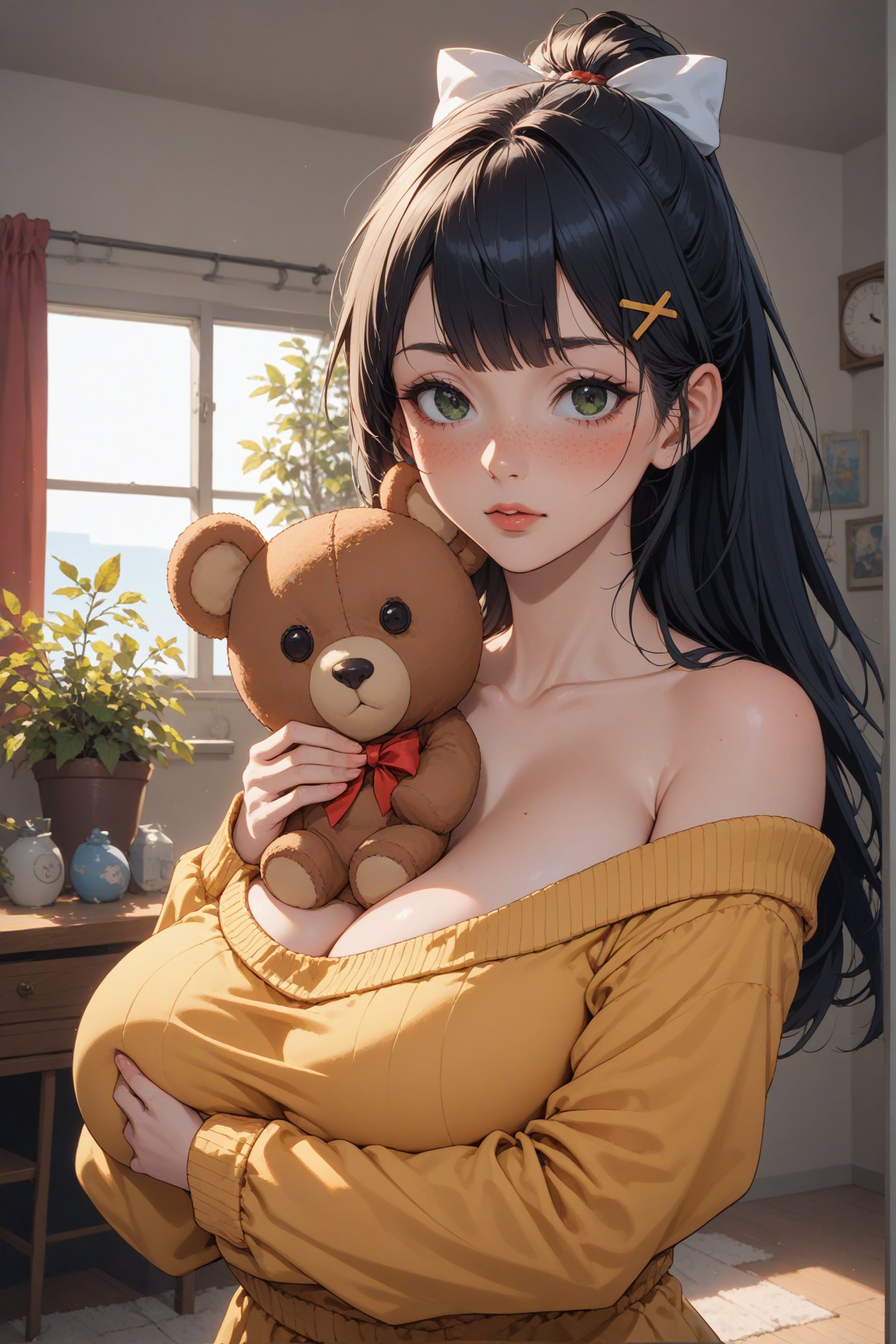 score_9, score_8_up, score_7_up, one girl, solo, long hair, up ponytail, blunt bangs, green eyes, blush, large breasts, cleavage, narrow waist, bow, hair bow, hairclip, x hair ornament, sweater, long sleeves, bare shoulders, off shoulder, sleeves past wrists, holding stuffed toy, looking at viewer, object hug, stuffed toy, stuffed animal, teddy bear, upper body