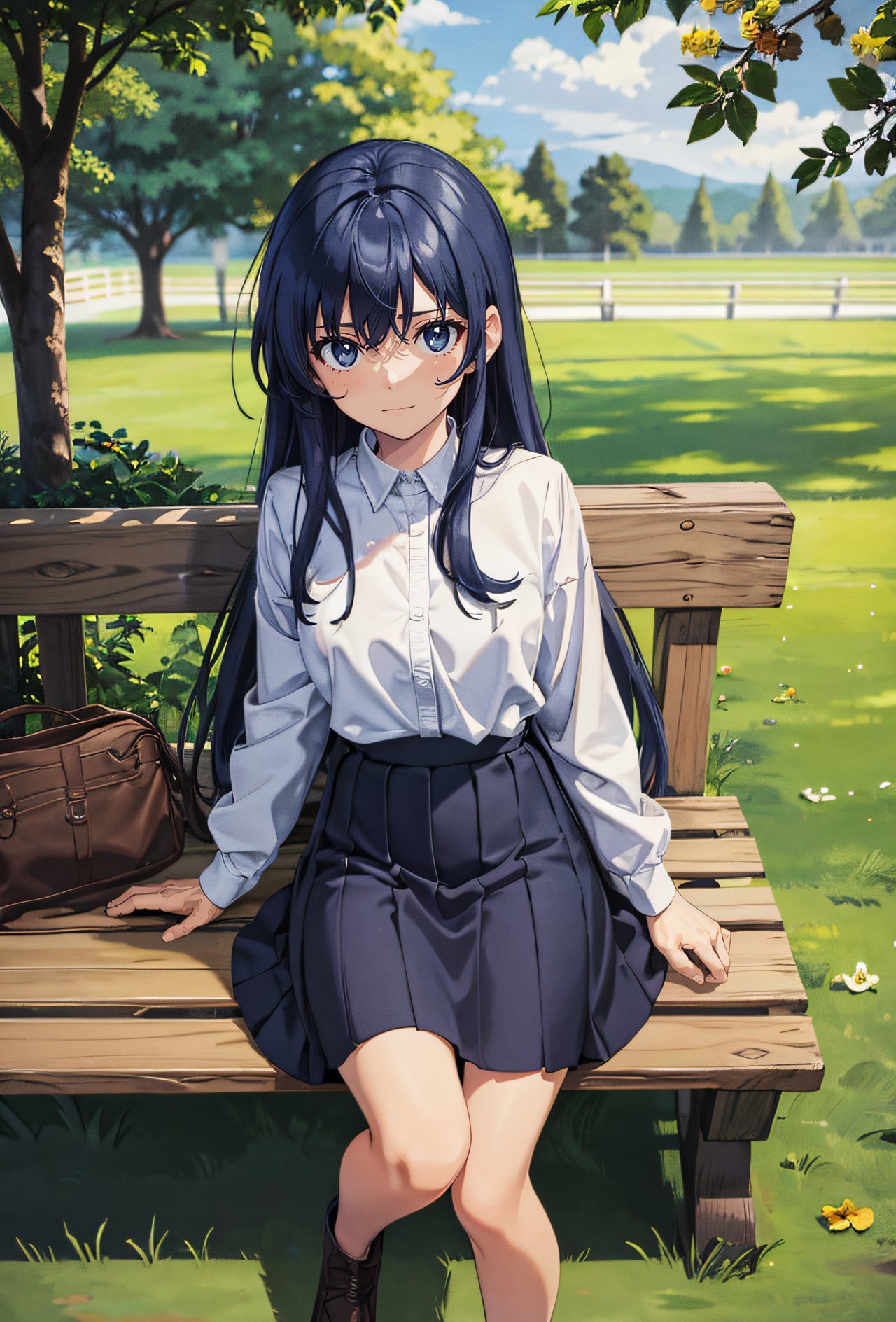 full body portrait, female focus, BREAK, 1girl, long hair, dark blue hair, blushing, BREAK, dark blue skirt, white shirt, BREAK, shamed, stressed, sitting, BREAK, green field, cloudy sky, wooden bench, (masterpiece, best quality, hires, high quality, by professional artist, ultra detailed, extremely detailed, absurdres, incredibly resolution:1.2), good hands, perfect hands, <lora:GoodHands-beta2:1>