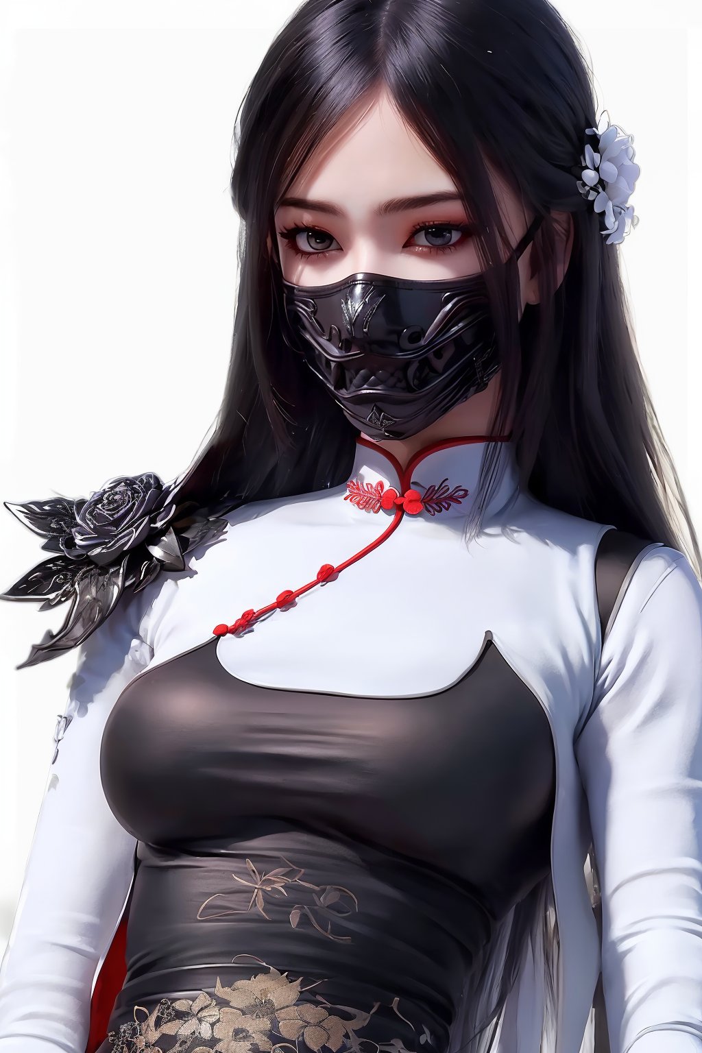 hanfu,yuanlong,aqi,upper body,1girl,solo,black hair,long hair,mask,hair ornament,white background,mouth mask,looking at viewer,simple background,flower,hair flower,breasts,chinese clothes,bangs,parted bangs,medium breasts,dress,masterpiece,HDR,UHD,8K,best quality,absurdres,masterpiece,Highly detailed,ultra-fine painting,front view,Photographic,<lora:aqi_v1:0.7>,