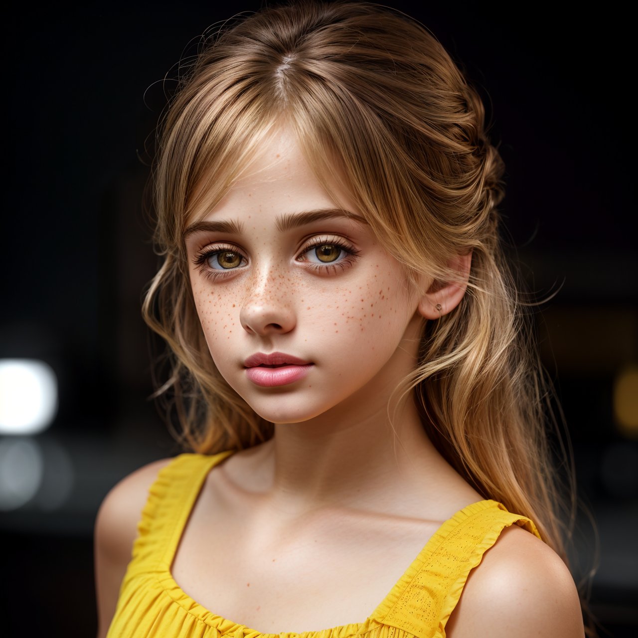 best quality, extra resolution, wallpaper, HD quality, HD, HQ, 4K dolly short of cute (AIDA_LoRA_InW2017:1.14) <lora:AIDA_LoRA_InW2017:0.89> in (simple bright yellow shirt:1.1), [little girl], glossy skin with visible pores and freckles, pretty face, naughty, dramatic, kkw-ph1, (colorful:1.1), (studio photo:1.1), (charcoal smoky black background:1.1)