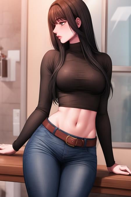 (masterpiece, best quality),<lora:Kang Yuna-lora-Faxtron:1> kang yuna, blueish-gray eyes, black hair, long hair, medium breasts, navel, belt, black turtleneck, long sleeves, blue jeans, brown knee boots,<lora:add_detail:1> 