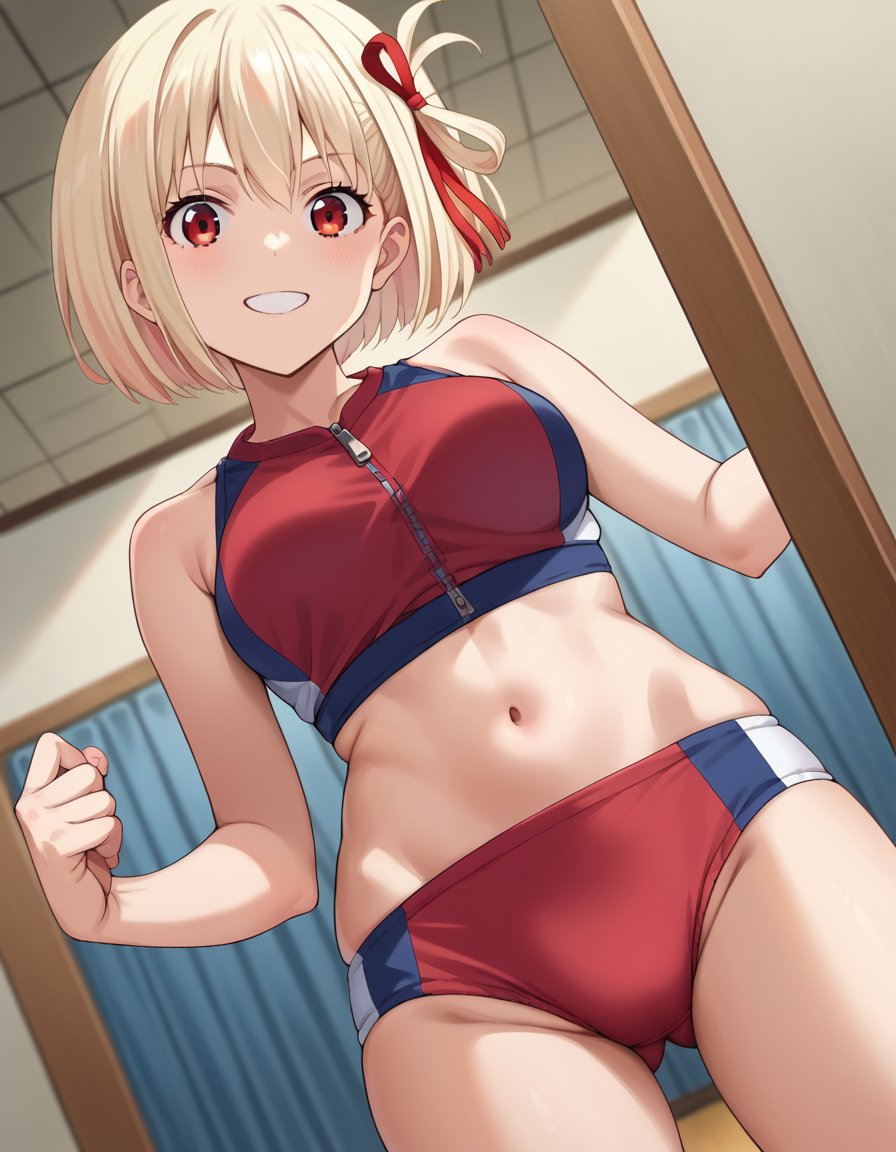 score_9, score_8_up, score_7_up, source_anime, chisatonishikigi, <lora:chisato-nishikigi-ponyxl-lora-nochekaiser:1>, chisato nishikigi, short hair, bangs, blonde hair, red eyes, hair ribbon, one side up, bob cut, smile, navel, bare shoulders, thighs, stomach, crop top, buruma, sportswear, zipper pull tab, red buruma, sports bikini, indoors, gym, looking at viewer, cowboy shot, dutch angle, dynamic pose,