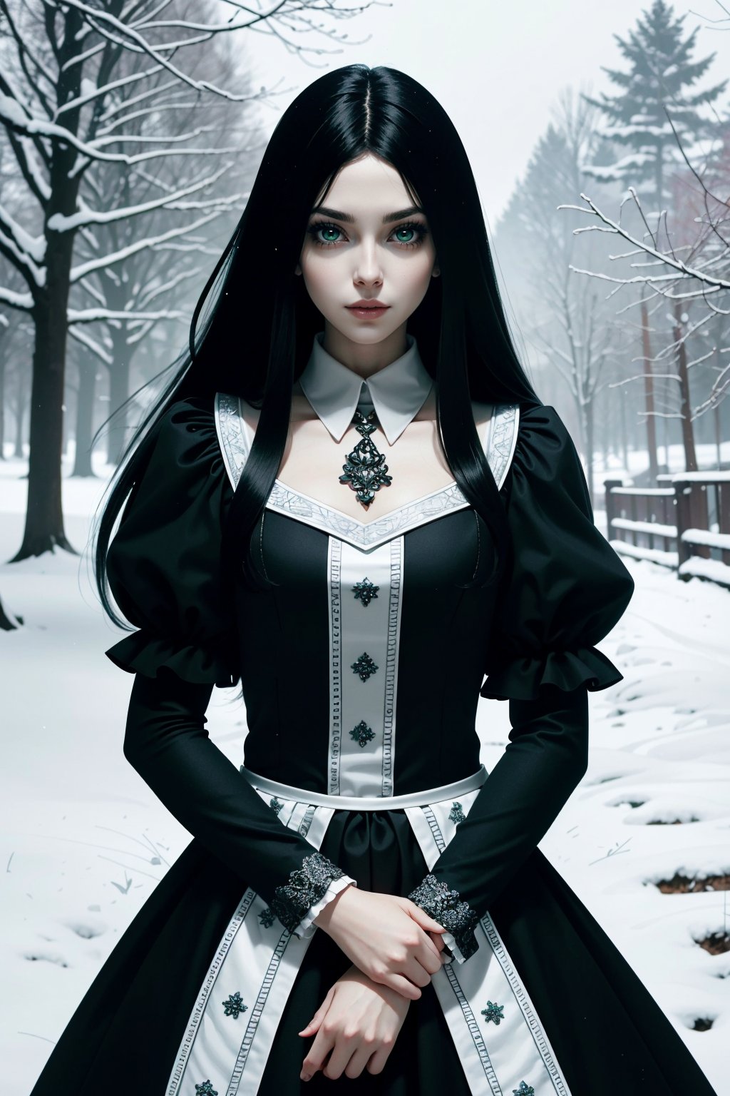 ((ultra detailed, masterpiece, best quality))<lora:AliceMadness:0.8>AliceMadness, 1girl, long hair, black hair, green eyes, in a winter wonderland