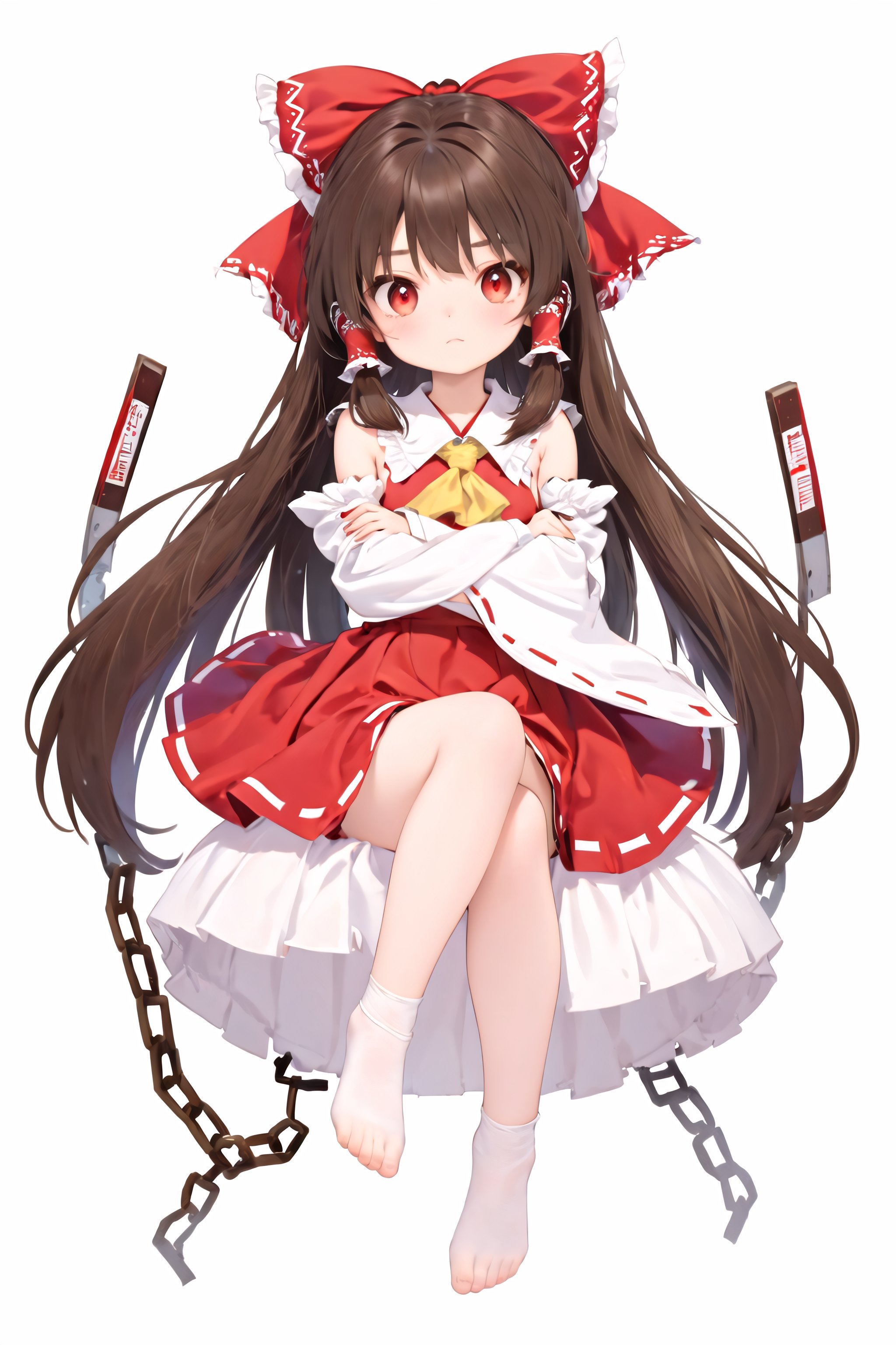 1girl, solo, full body, hakurei reimu, bow, brown hair, hair bow, gohei, crossed arms, detached sleeves, red bow, chain, long hair, brown eyes, hair tubes, alternate costume, white background, red eyes, Banpai Akira