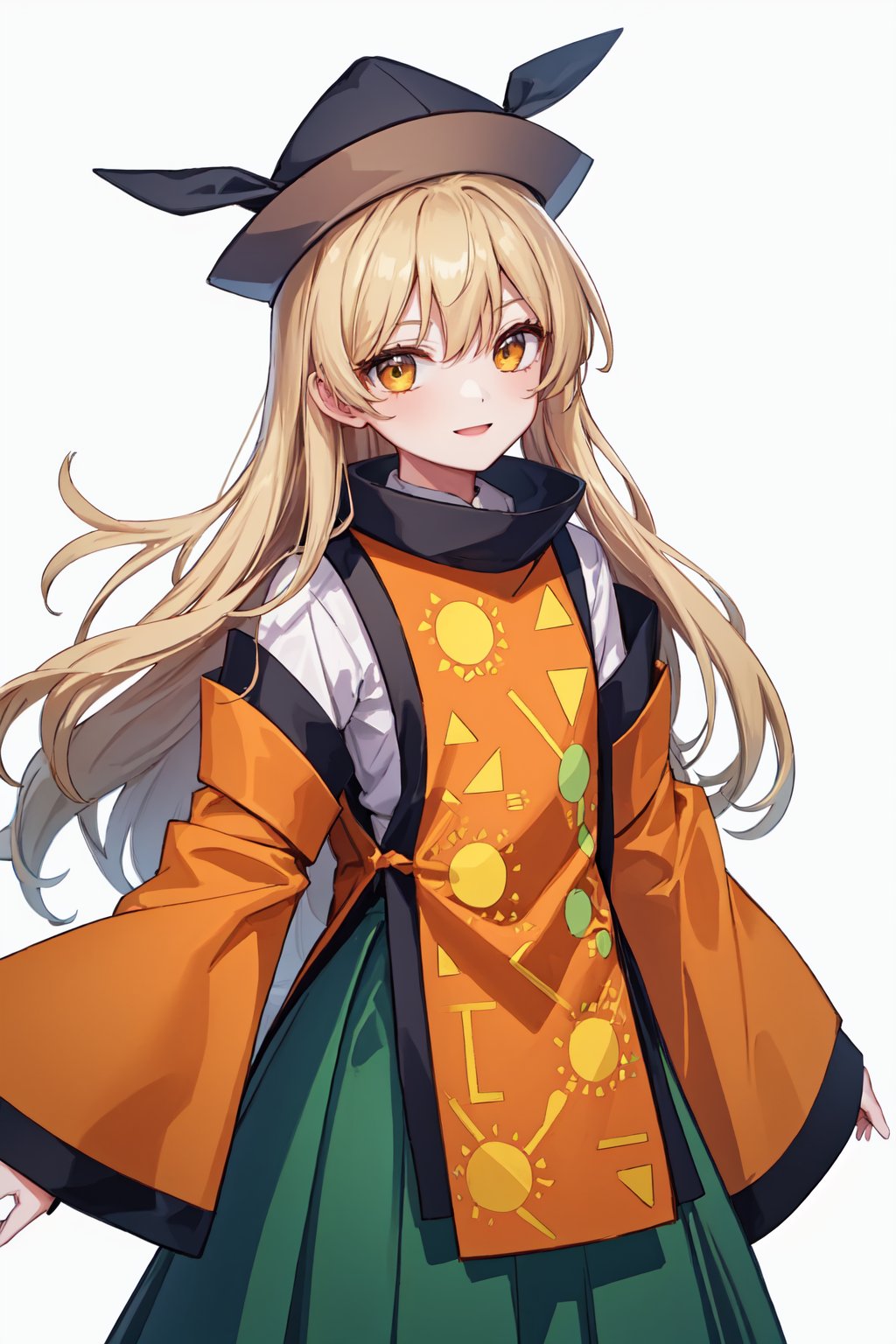 matara_okina,1girl,solo,hat,tabard,wide_sleeves,long_sleeves,black_headwear,green_skirt,smile,constellation_print,orange_sleeves,looking_at_viewer,detached_sleeves,simple_background,brown_headwear,white_shirt<lora:matara_okina:1>,simple background,white backgroundmasterpiece,best quality, highly detailed, 