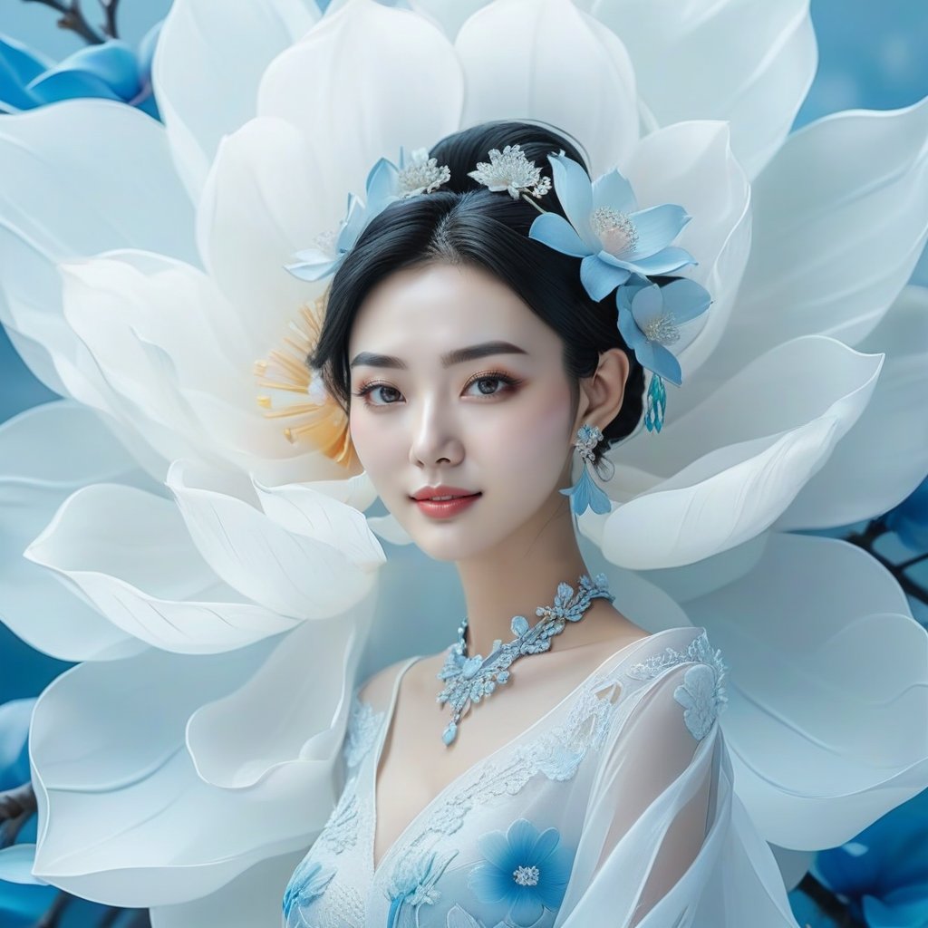 (masterpiece, top quality, best quality, official art, beautiful and aesthetic:1.2)lianhua, 1girl,super realilstic,photography,super details, front view, upper body, solo, jewelry, earrings, hair ornament, black hair, smile, hair flower<lora:XL-第五轮白莲花-000004:0.8> <lora:林鹤-XL皮肤质感调整器差异炼丹功能性滑块辅助lora_V1.0:0.5>