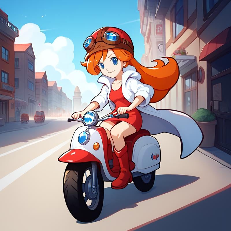 score_9, score_8_up, score_7_up, 1girl, solo, uncensored,  <lora:WarioWareMonaXL_v1.1:1> wariowaremona,  smile, closed mouth, blue eyes, long orange hair, aviator hat, goggles on headwear, riding scooter, red scooter, short red dress, red knee boots, white coat, outdoors, road, street, city, driving