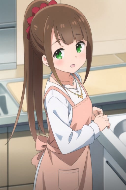 (masterpiece),honshou aru, long hair, brown hair, ponytail, green eyes, 1girl, solo, apron, kitchen, necklace, jewelry, open mouth, sink, indoors, looking at viewer, heart necklace