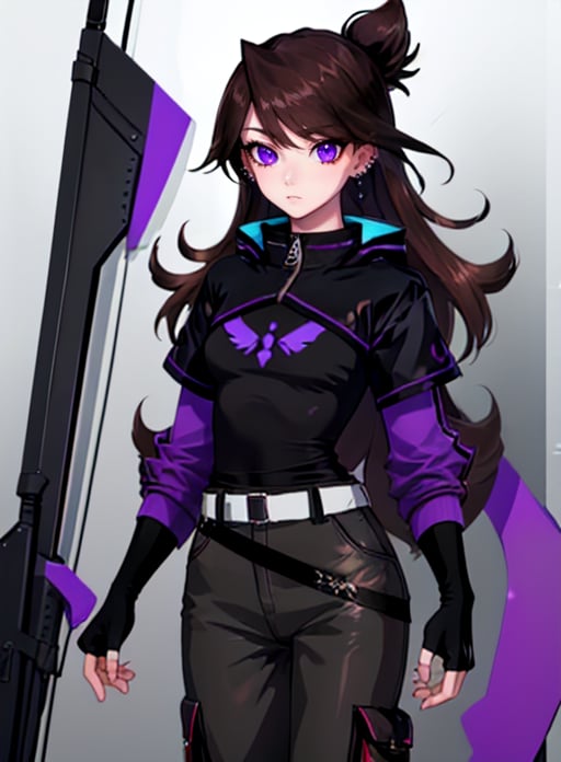 best quality, (masterpiece),(ultra-detailed), (high quality), (high resolution), <lora:jaidenvt-10:0.7> ,long hair , brown hair, purple eyes, earrings, piercing, bangs,jaiden, jewelry, jacket, pants, belt, black gloves, gloves, fingerless gloves