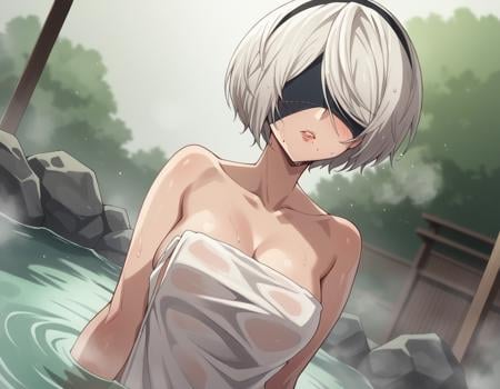 score_9, score_8_up, score_7_up, source_anime,2b, <lora:2b-s1-ponyxl-lora-nochekaiser:1>,2b, yorha no. 2 type b, short hair, white hair, hairband, mole, black hairband, mole under mouth, blindfold, covered eyes, black blindfold,nude, naked, outdoors, onsen, towel, naked towel, steam, bathing, nude cover, partially submerged, water, bath, steam censor, wet towel, blush,solo, dutch angle, looking at viewer, cowboy shot,