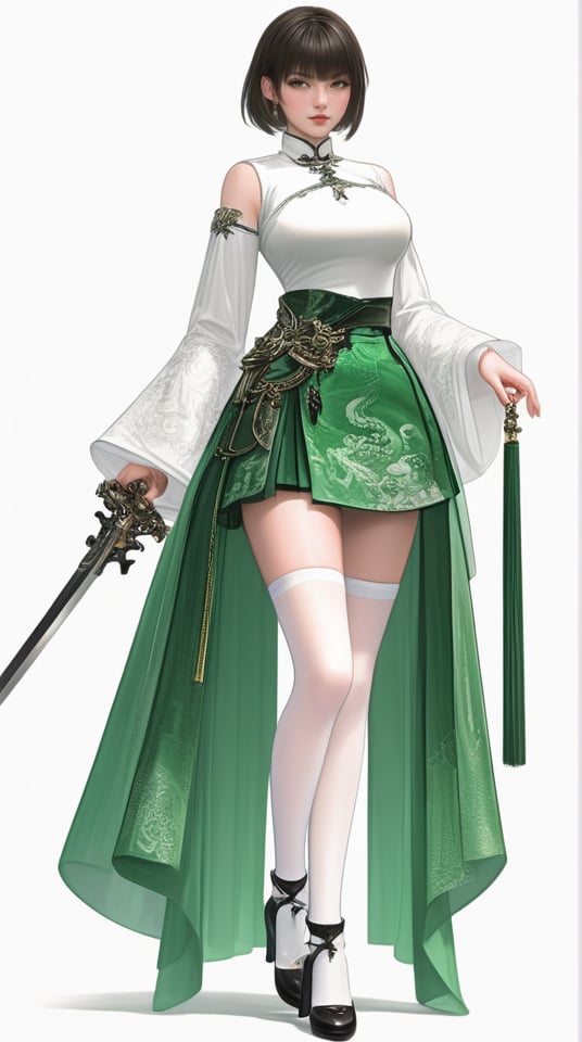 (best quality), ((masterpiece)), (highres), illustration, original, extremely detailed,   <lora:武侠与剑仙:0.7>1girl, solo, weapon, thighhighs, sword, short hair, detached sleeves, simple background, holding, white background, full body, white thighhighs, skirt, holding weapon, jewelry, breasts, looking at viewer, holding sword, wide sleeves, earrings, green skirt, standing, closed mouth, high heels, bangs, long sleeves, white sleeves, black footwear, white shirt, tassel, chinese clothes, medium breasts