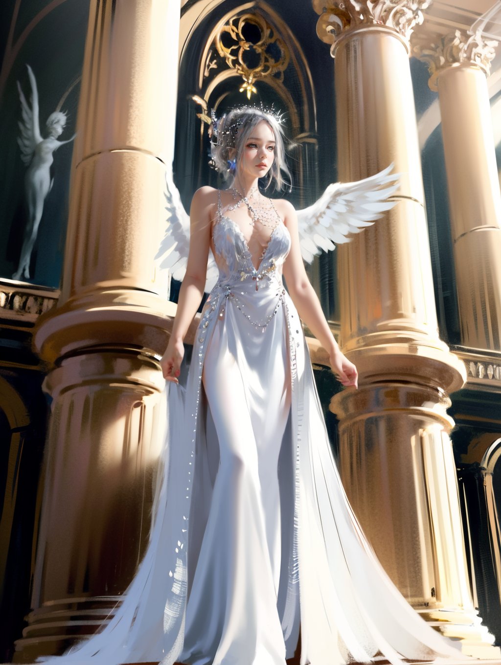 1girl,<lora:墨幽lora-板绘厚涂-鬼刀:0.8>,angel,evening_gown,