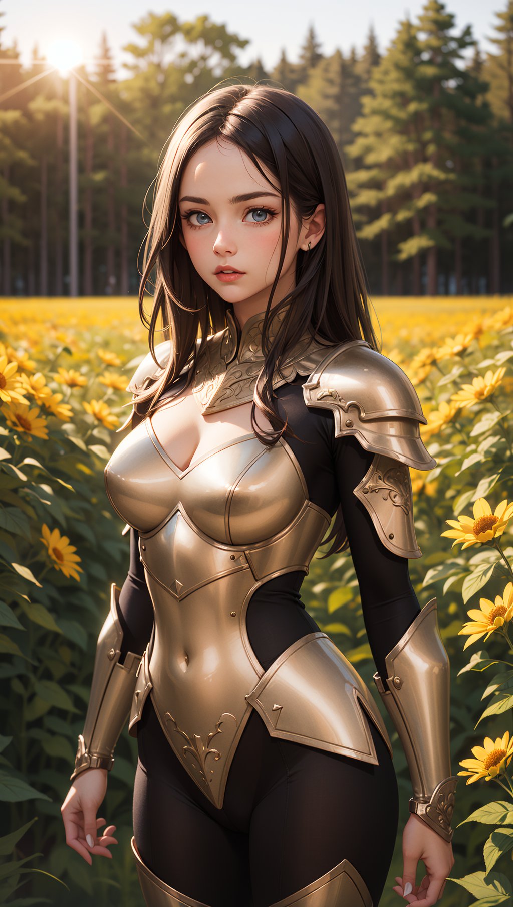 (masterpiece),(best quality),(extremely intricate),(sharp focus),(cinematic lighting),(extremely detailed),A young girl in armor,standing in a meadow of wildflowers. She has long brown hair adorned with wildflowers. Her expression is determined,and her eyes are shining with courage. The sun is shining brightly behind her,casting a golden glow over the scene.,flower4rmor,flower bodysuit,Flower,