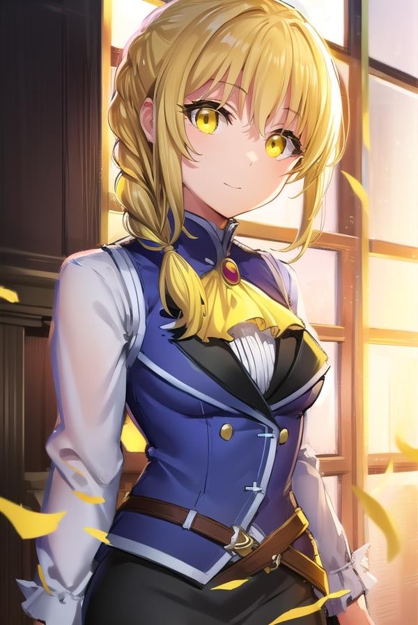 guildgirl, <lora:guildgirl-lora-nochekaiser:1>,guild girl, long hair, blonde hair, (yellow eyes:1.5), braid, single braid, smile,BREAK skirt, shirt, long sleeves, white shirt, pantyhose, black skirt, vest, long skirt, yellow ribbon, ascot, yellow ascot,BREAK looking at viewer, upper body, full body, (cowboy shot:1.5),BREAK outdoors, city,BREAK <lora:GoodHands-vanilla:1>, (masterpiece:1.2), best quality, high resolution, unity 8k wallpaper, (illustration:0.8), (beautiful detailed eyes:1.6), extremely detailed face, perfect lighting, extremely detailed CG, (perfect hands, perfect anatomy),