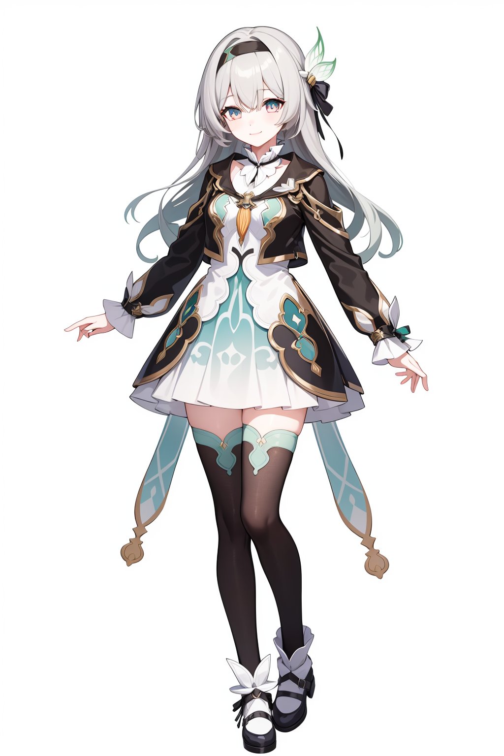 1girl,smile,<lora:流萤v36adaw:0.9:lbw=char>,liuying,grey hair,bangs,long sleeves,hair ornament,black jacket,black hairband,high quality,green dress,thighhighs,full body, (masterpiece,best quality:1.2),absurdres, high quality,