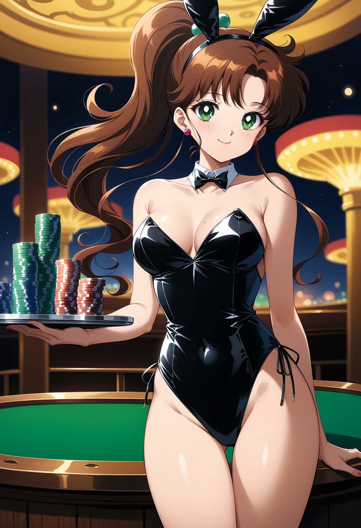 (masterpiece, best quality, very aesthetic, ultra detailed), intricate details, 4k, aajupiter, long hair, brown hair, ponytail, hair bobbles, earrings, green eyes, <lora:sailor_jupiter_animaginexl_v2:0.9>, playboy bunny, strapless, bare shoulders, casino, standing, cowboy shot, holding tray, smile, poker chip,