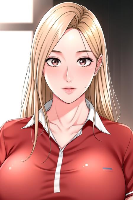 Simple White Background,Red shirt,collared shirt, short sleeves, <lora:She_Working_Out_01-KK77-V1:0.7>,brown eyes, blonde hair,long hair,Bangs,<lora:Oda_Non_Style-KK77-V2:0.3>,<lora:more_details:0.1>,1 girl, 20yo,Young female,Beautiful Finger,Beautiful long legs,Beautiful body,Beautiful Nose,Beautiful character design, perfect eyes, perfect face,expressive eyes,perfect balance,looking at viewer,(Focus on her face),closed mouth, (innocent_big_eyes:1.0),(Light_Smile:0.3),official art,extremely detailed CG unity 8k wallpaper, perfect lighting,Colorful, Bright_Front_face_Lighting,White skin,(masterpiece:1.0),(best_quality:1.0), ultra high res,4K,ultra-detailed,photography, 8K, HDR, highres, absurdres:1.2, Kodak portra 400, film grain, blurry background, bokeh:1.2, lens flare, (vibrant_color:1.2),professional photograph,(Beautiful,large_Breasts:1.4), (beautiful_face:1.5),(narrow_waist),