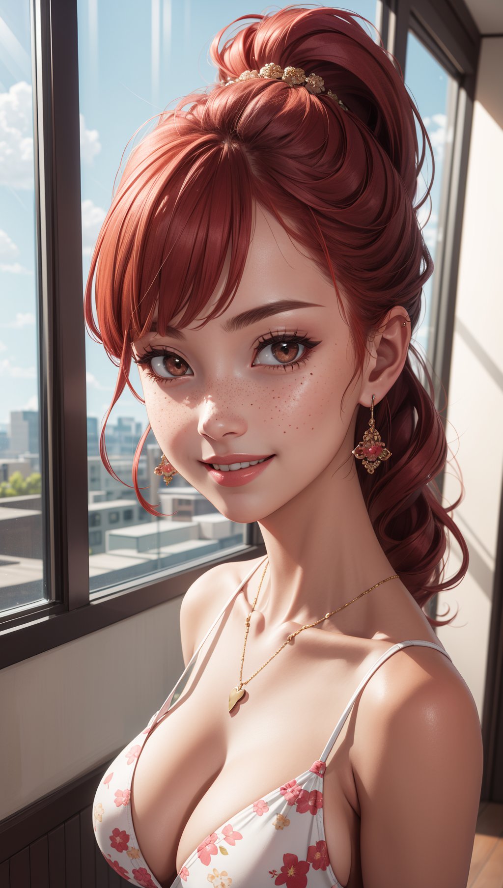 (masterpiece, best quality),1girl,cute,smile,collarbone,wavy hair,sassy pose,big breasts,necklace,collarbonea,(adult:1.1),floral print,ponytail,freckles,red hair,slender,sunlight,(full_shot:1.2),looking at viewer,Tower-of-Doom-Roja,BREAK(high detail:1.4),(highres:1.4),(ultra detailed:1.4),