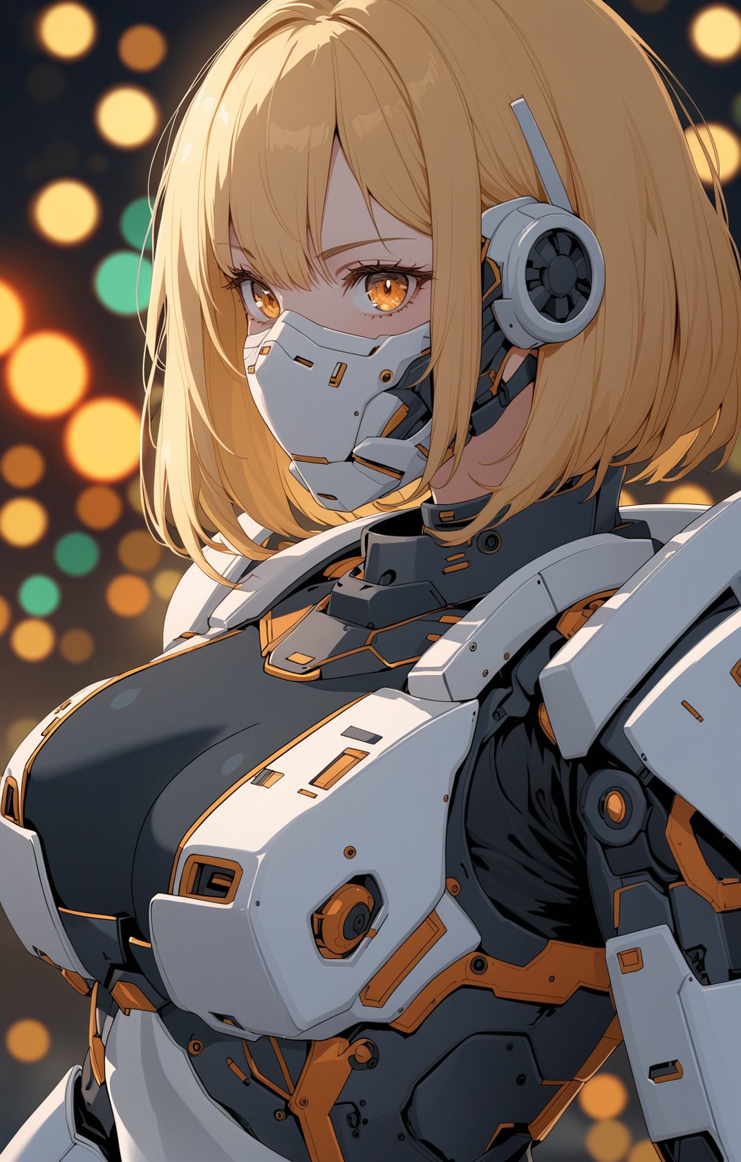 1girl, mecha suit, samurai face mask, menpo, upper body, underboob, portrait, white orange armor, blonde shimmering hair, 8K, RAW, best quality, masterpiece, ultra high res, colorful, (medium wide shot), (dynamic perspective), sharp focus , (depth of field, bokeh:1.3), extremely detailed eyes and face, beautiful detailed eyes,large breasts,black gold, trimmed gear,In a futuristic weapons factory, ((masterpiece, best quality)), niji, from side, upper body, hips