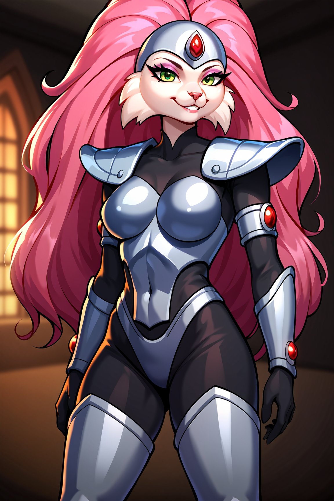 score_9, score_8_up, score_7_up, score_6_up, score_5_up, score_4_up, JennyBOHXL, anthro furry, furry female, white fur, snout, whiskers, green eyes, pink hair, long hair, helmet, forehead jewel, medium breasts, grey armor, red jewel, shoulder armor, black bodysuit, armlet, guantlets, black gloves, armored thigh-high boots, solo, standing, seductive smile, looking at viewer, indoors <lora:JennyBOHXL:0.8>