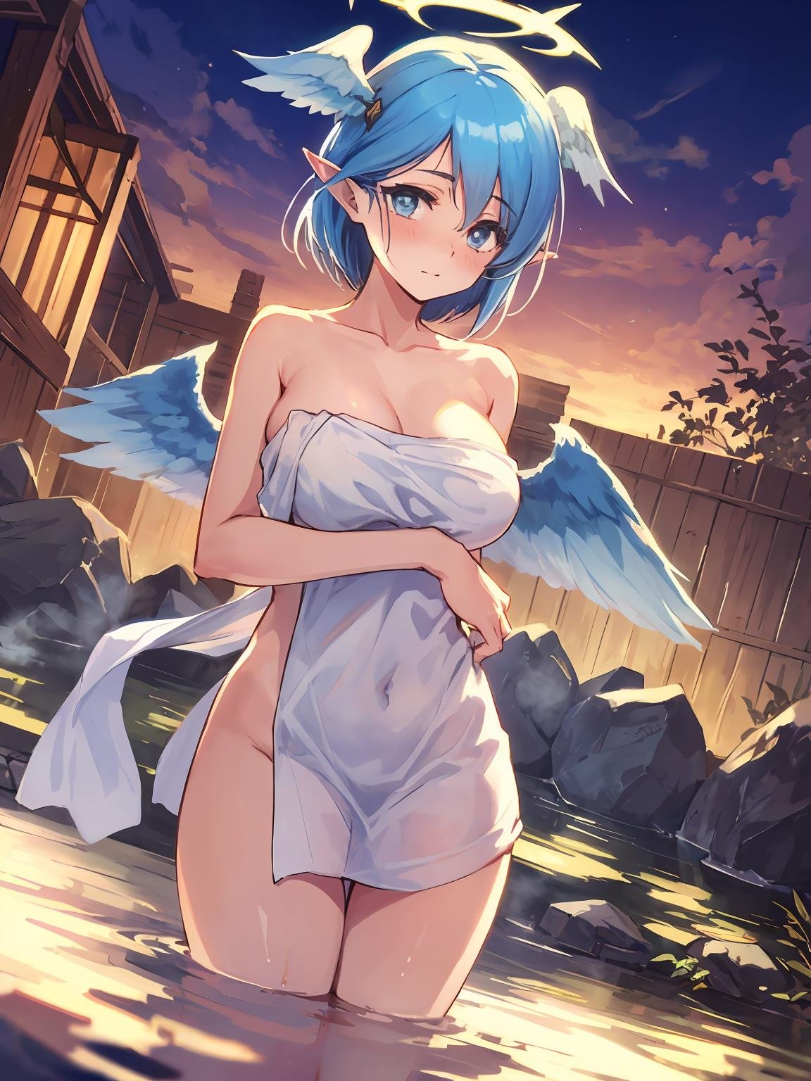 masterpiece,best quality,highres,cinematic lighting,dramatic angle,<lora:ShadowverseAetherV1:0.8> ,1girl,blue hair,short hair,wings,covering breasts,embarrassed,jewelryaqua eyes,naked towel,onsen,night,thick thighs,hair ornament,cowboy shot,halo,looking at viewer,head wings,pointy ears