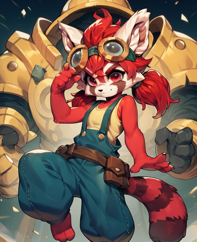 overalls, iron wing,, score_9, score_8_up, score_7_up, score_6_up, score_5_up, score_4_up,, nona, nona gunfire reborn, red panda, female, furry female, tail, animal ears, goggles, red hair, goggles on head, red eyes, <lora:Nona:1>