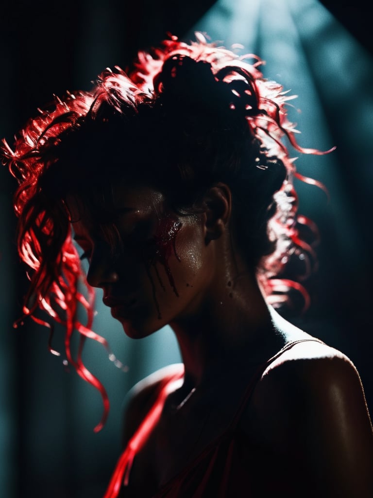 Deep photo,depth of field,shadows,messy hair,seductive silhouette play,dark,nighttime,dark photo,grainy,dimly lit,shot on RED camera,harsh camera flash ((eyes closed)),