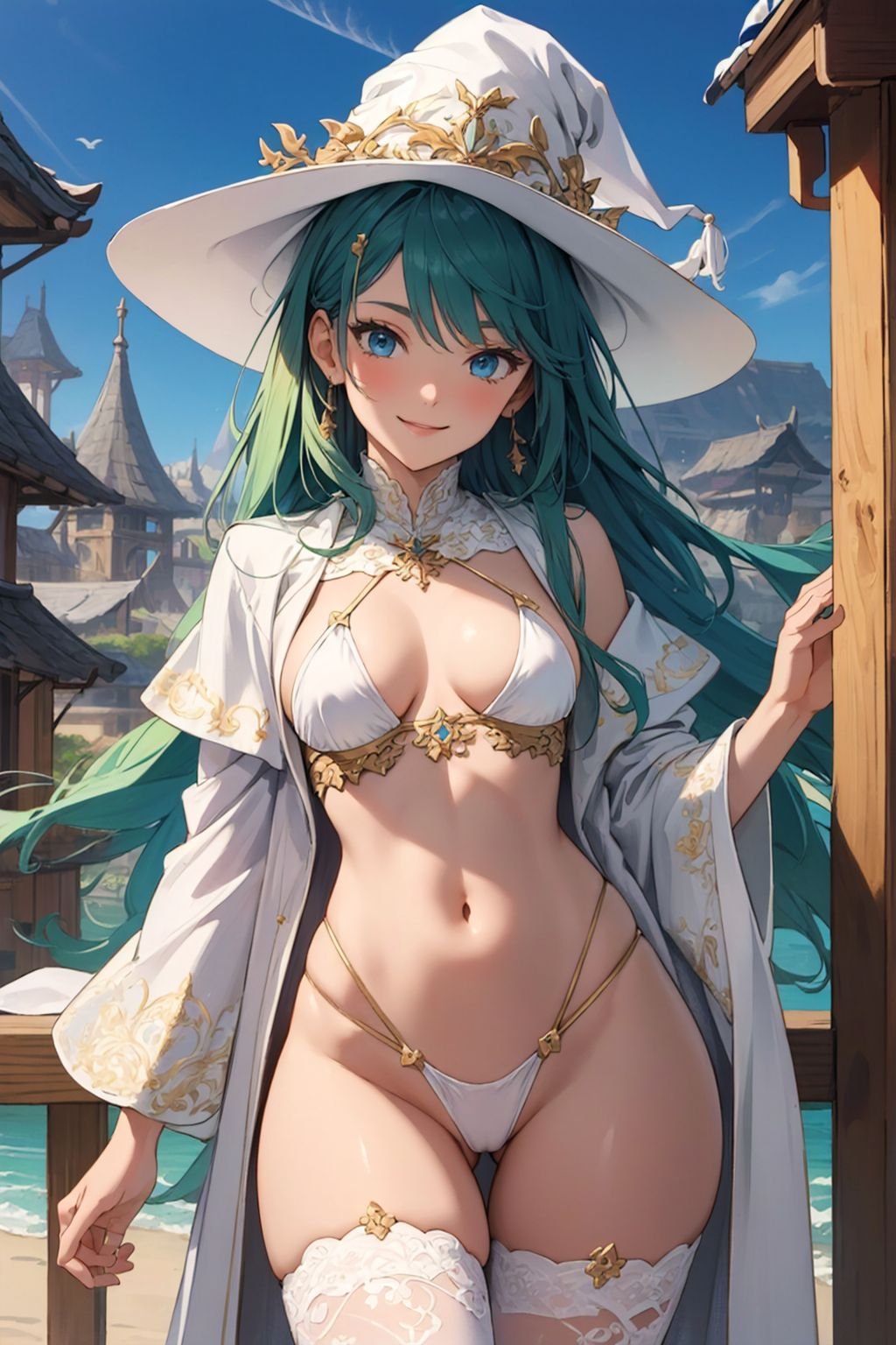 (Masterpiece:1.3), (best quality:1.2), (detailed background:1.1), (intricate details:1.1), (detailed background:1.2), fantasy theme, 1girl, (soft skin:1.2), long green hair, blue eyes, (medium breasts:1.2), bikini mage, white bikini, (highleg thong:1.3), wizard hat, silk robe, groin, inner thigh, smile, outdoors, wizard tower, <lora:detail_slider_v4:1.25>