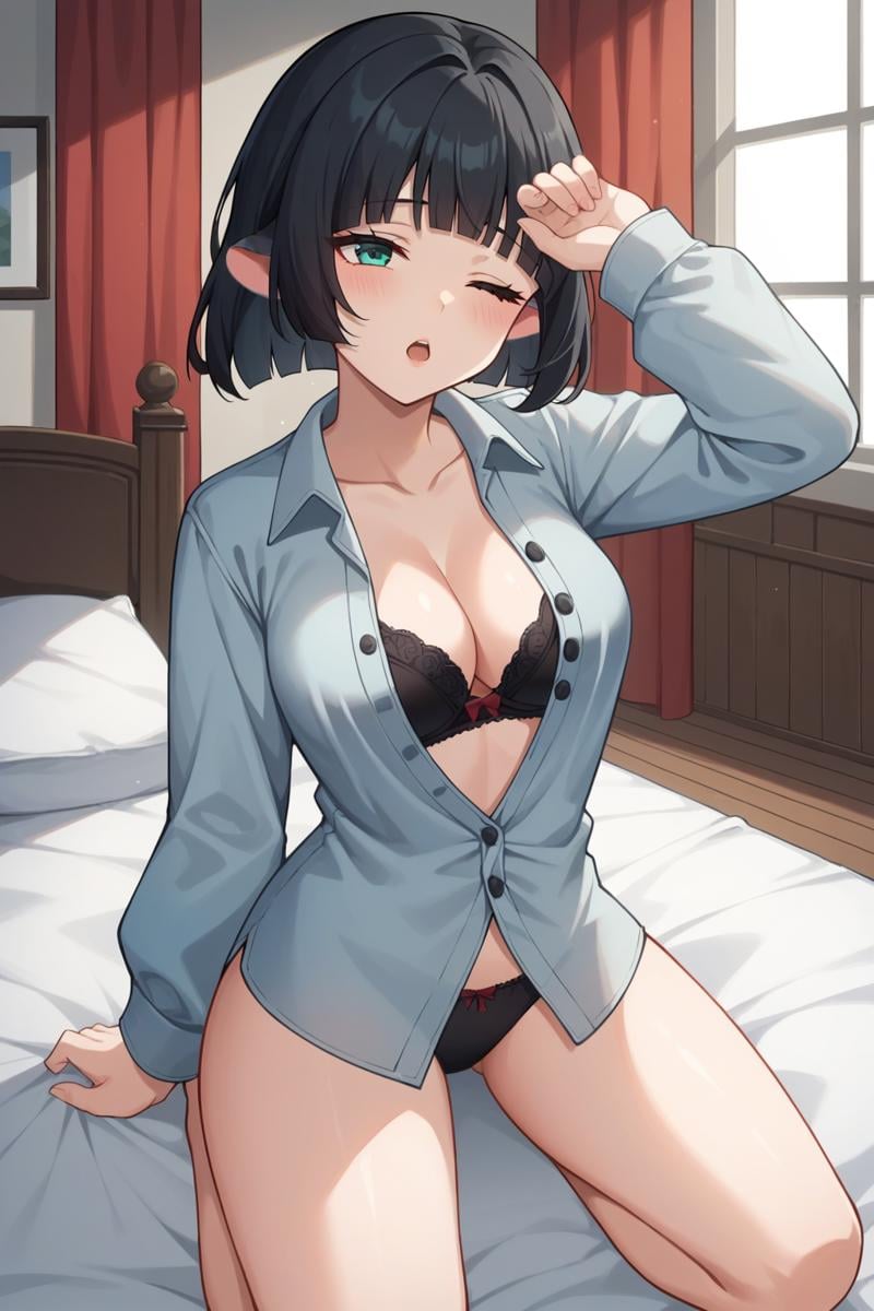 score_9, score_8_up, score_7_up, source_anime, 1girl, prefect lighting, very aesthetic, intricate details, highly detailed background, masterpiece, high quality, prefect hands, best quality, solo,<lora:Jane_Doe_ZZZ_V1:.85>, KJOjane, medium hair, black hair, aqua eyes, blunt bangs, mouse ears, mouse girl,oversized shirt, white shirt, buttons, long sleeves, sleeve past wrists, naked shirt, blush, shy, cleavage, no pants, black panties, black bra,wooden floor, bed, red sheets, window with red curtains, sunny, trees,Wariza, kneeling, sleepy, tired, eyes closed, on arm up, stretch, drowsy, open mouth, yawning,(Beautiful, medium Breasts:1.2), natural breasts,