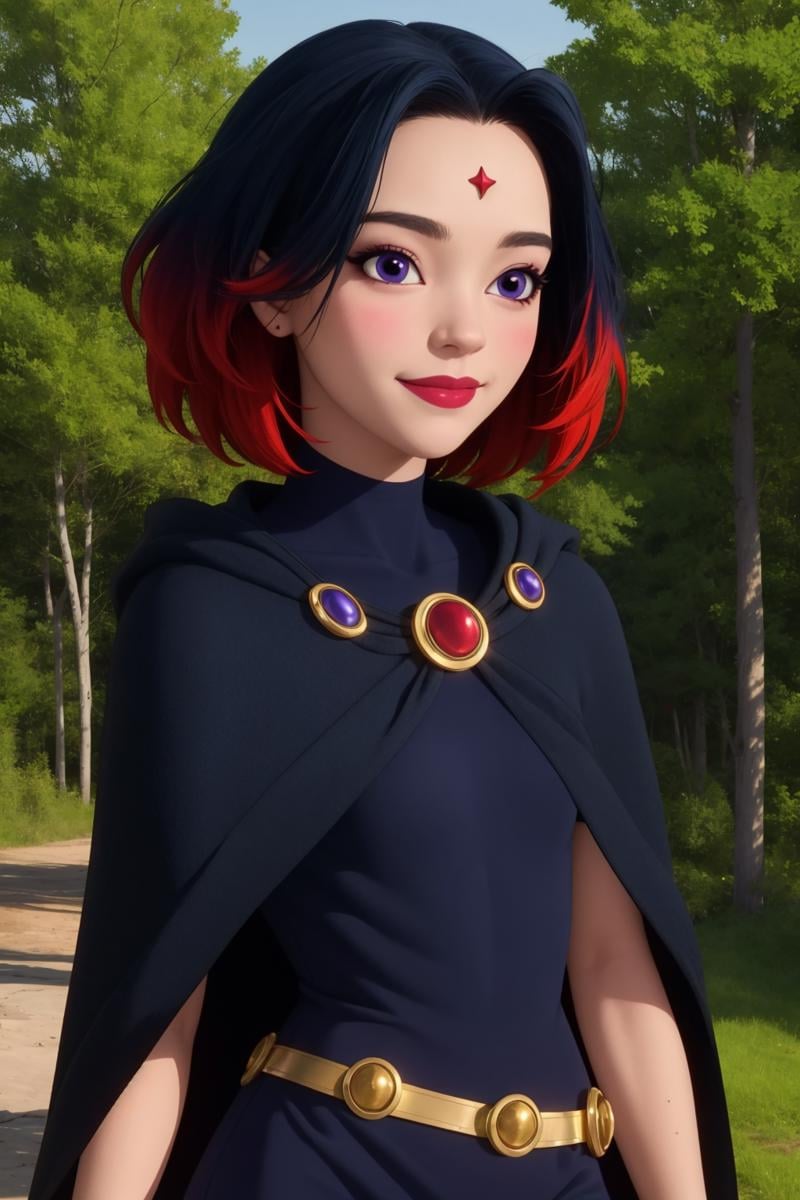 raven, 1girl, solo, purple eyes, black hair, red hair, multicolored hair, two-tone hair, gradient hair, short hair, makeup, forehead jewel,black dress, pantyhose, belt, cape,smile,closed mouth,cowboy shot,upper body,forest,outdoor,(insanely detailed, beautiful detailed face, masterpiece, best quality) cinematic lighting,<lora:Raven_SHG_v1:1>, <lora:more_details:0.3>,