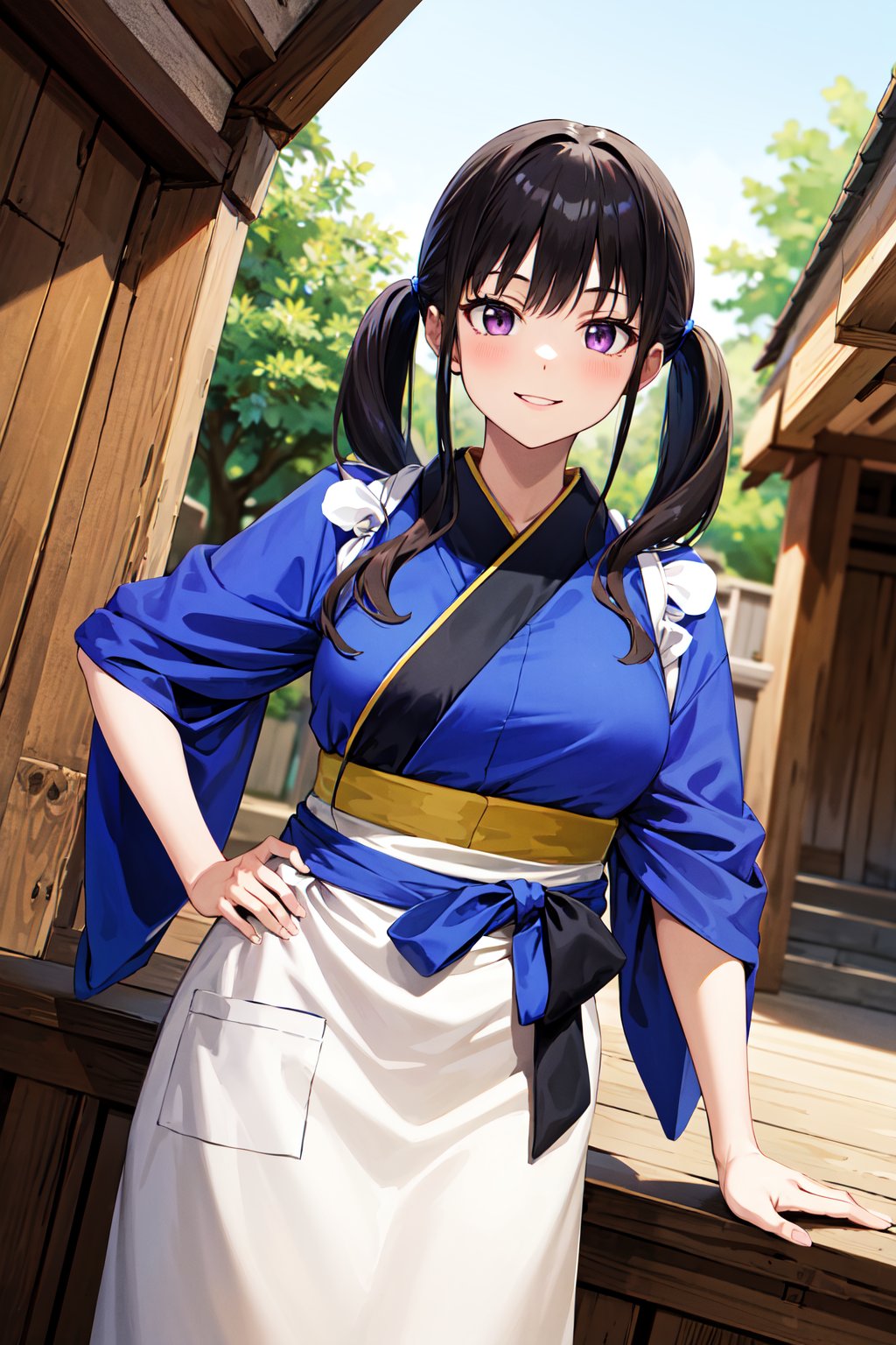 masterpiece, best quality, highres, aatakina, long hair, twintails, black hair, breasts, japanese clothes, (blue kimono:1.2), tasuki, long sleeves, sash, (brown apron:1.2), <lora:inoue_takina_v1:0.7>, hand on hip, smile, outdoors