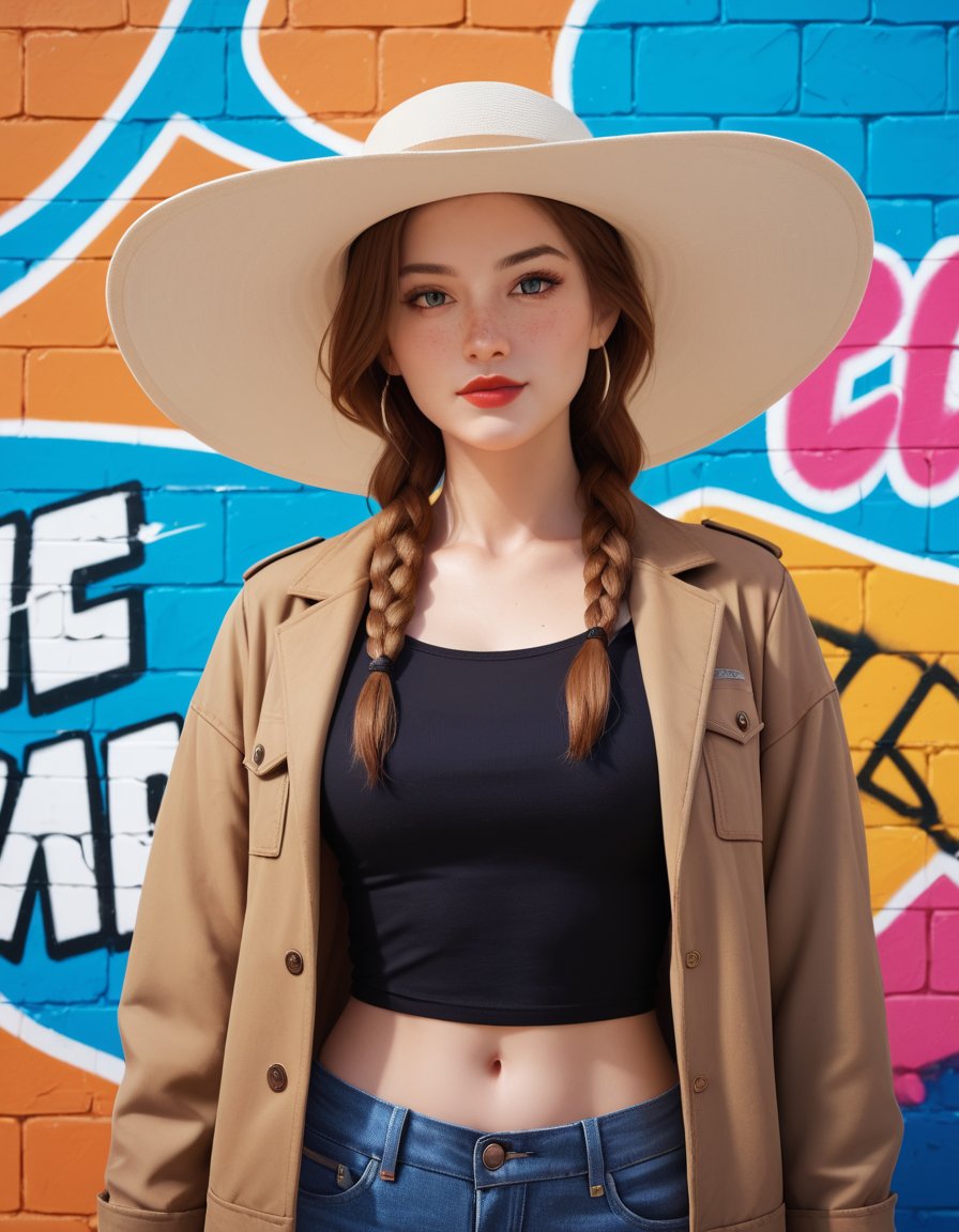 score_9,score_8_up,score_7_up,half body of a beautiful girl, brown loose braided  hair,wear a sunhat, jeans jacket and a short ripped of jeans,red lips, freckles,graffiti background, 