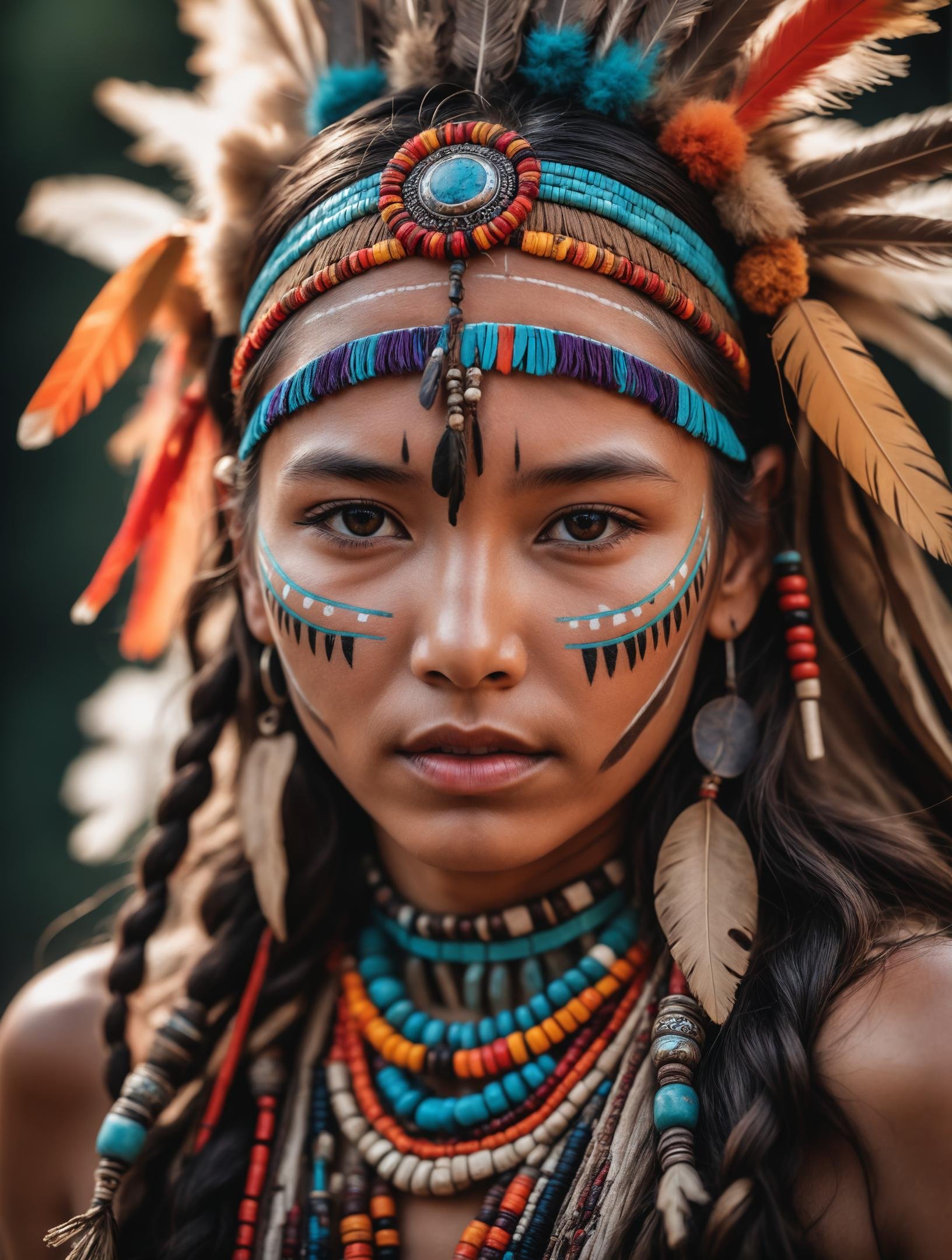 awardwinning photo, dynamic photo of young shaman woman, colorful, close up, cinematic shot, Fujifilm XT, (Highest Quality, 4k, masterpiece, Amazing Details:1.1), film grain, Fujifilm XT3